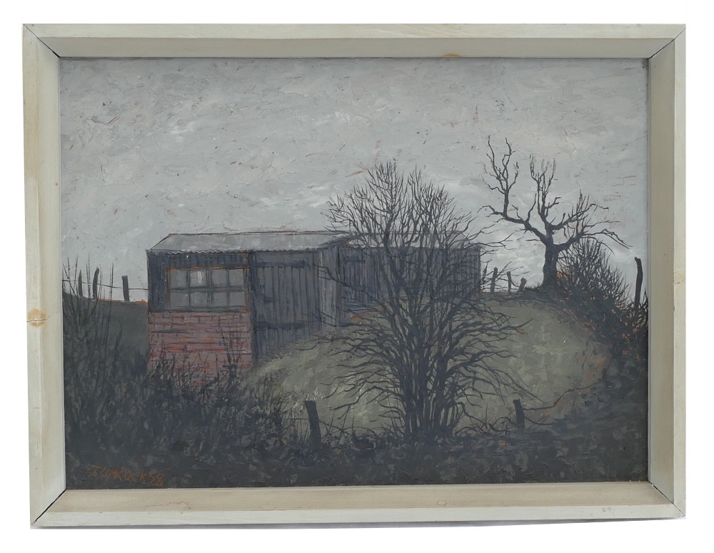 Jack SIMCOCK (1929-2012), oil on board "Farm buildings" dated 1958, 20cm x 30cm. - Image 5 of 5