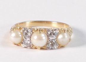 Yellow gold pearl & diamond ring, (tested to be 18ct gold or higher) size M, 4.4g.