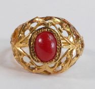 High carat gold ring set coral and seed pearl (all but one of which are missing). Ring size K/L, not