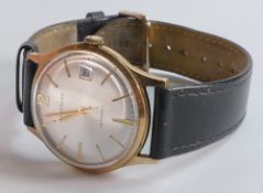 9ct gold Garrard automatic date wristwatch, d.3.25cm, with leather bracelet, in original box,