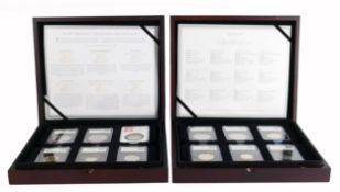 Two wooden cases containing 12 x brilliant uncirculated UK coins encapsulated / slabbed,