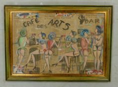 Francoise Maurice Café des Arts Bar oil on newspaper pop art. Signed FM and dated 1964. Painted on