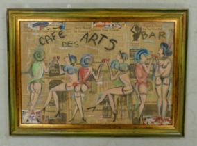 Francoise Maurice Café des Arts Bar oil on newspaper pop art. Signed FM and dated 1964. Painted on