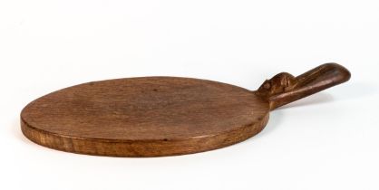 Robert 'Mouseman' Thompson solid English oak hand carved single handle cheeseboard. Oval form with