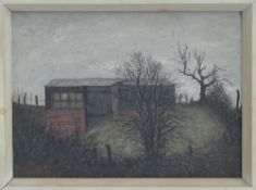 Jack SIMCOCK (1929-2012), oil on board "Farm buildings" dated 1958, 20cm x 30cm.