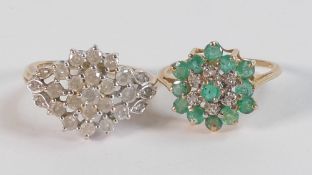 Two 9ct gold rings - hallmarked emerald (or similar green stone) & diamond cluster, size L, together