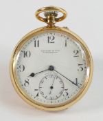18ct gold top winding pocket watch, inscription inside for 25 years service 1934, gross weight 107g.