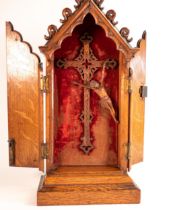 A Late 19th century Orthodox Devotional Shrine depicting the Crucifixion of Christ behind locking