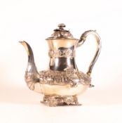 Fine late Georgian silver coffee pot with repousse decoration, clearly bearing crisp hallmarks for
