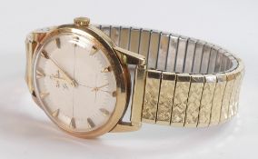 9ct hallmarked gold gents Omega wrist watch cal 266. Winds, ticks, sets and runs, keeping reasonable
