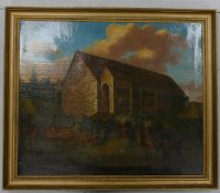 Oil on canvas with a rural church scene in the unknown Flemish school style. Frame size 72cm x 84.