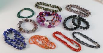 9 x hardstone & other material necklaces includes spinach green jade, coral, cloisonne, malachite,