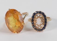 Two 9ct gold hallmarked rings - large topaz (or similar stone) set ring, size N, together with an