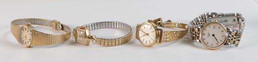 4 x Longines ladies watches, 3 mechanical & one quartz. Round and oval manual dial watches wind &