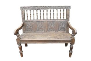 Jacobean style carved Oak bench. H 104cm x L 122 x D 58