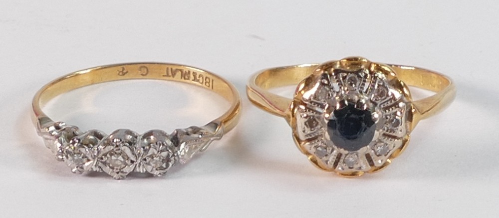 Two 18ct gold & diamond rings, a diamond 3 stone platinum set ring, size Q together with a