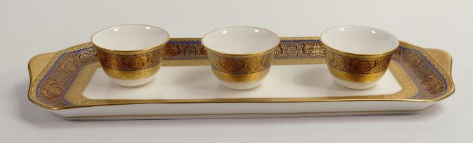 De Lamerie Fine Bone China deep red & dark blue Samarkand pattern oblong sandwich plate & tea bowls,