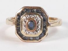 A sapphire & diamond square design dress ring, unmarked but tested to 18ct gold, size S, 4.8g.