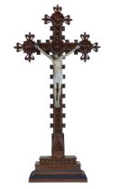 Late 19th century large Orthodox Devotional Gesso painted figure of Christ, mounted on oak cross,