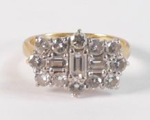 18ct gold diamond cluster ring, three central baguette diamonds surrounded by twelve brilliant cut