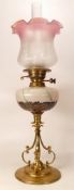 Art Nouveau brass fluted column oil lamp with Kralik type glass reservoir, chimney & shade, height