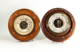 Two Victorian Aneroid barometers, one example with mother of pearl and wood inlay made by Thomas