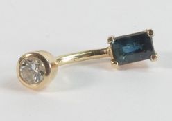 High carat gold diamond & blue (probably sapphire) stone belly button bar, with 4mm (appx.) diamond,