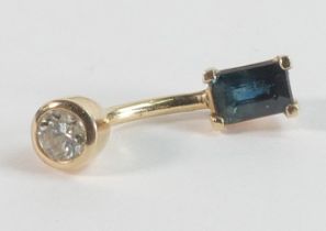 High carat gold diamond & blue (probably sapphire) stone belly button bar, with 4mm (appx.) diamond,