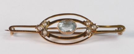 9ct gold antique brooch set aquamarine & seed pearls, 50mm wide appx. Gross weight 3.46g Good used