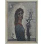 Jack SIMCOCK (1929-2012), oil on board "Lady by tree" dated 1957, 37cm x 20cm.