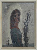 Jack SIMCOCK (1929-2012), oil on board "Lady by tree" dated 1957, 37cm x 20cm.