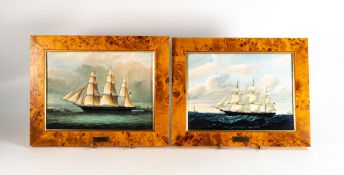 A pair of Wedgwood Clipper Ship plaques depicting Dashing Wave and Sea Witch. In original burr