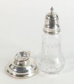 Silver topped & cut glass sugar shaker and silver filled inkwell. Hinge broken on inkwell. (2)