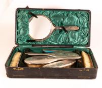 Ladies silver vanity case containing five brushes, comb and mirror in original case, silver