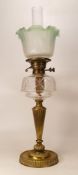 Victorian brass fluted column oil lamp with glass reservoir, chimney & shade, height complete 69cm