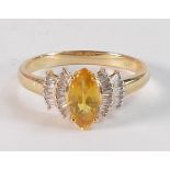 18k gold set rare yellow sapphire & 32 diamond cluster ring. Marquise shape Chanthaburi yellow