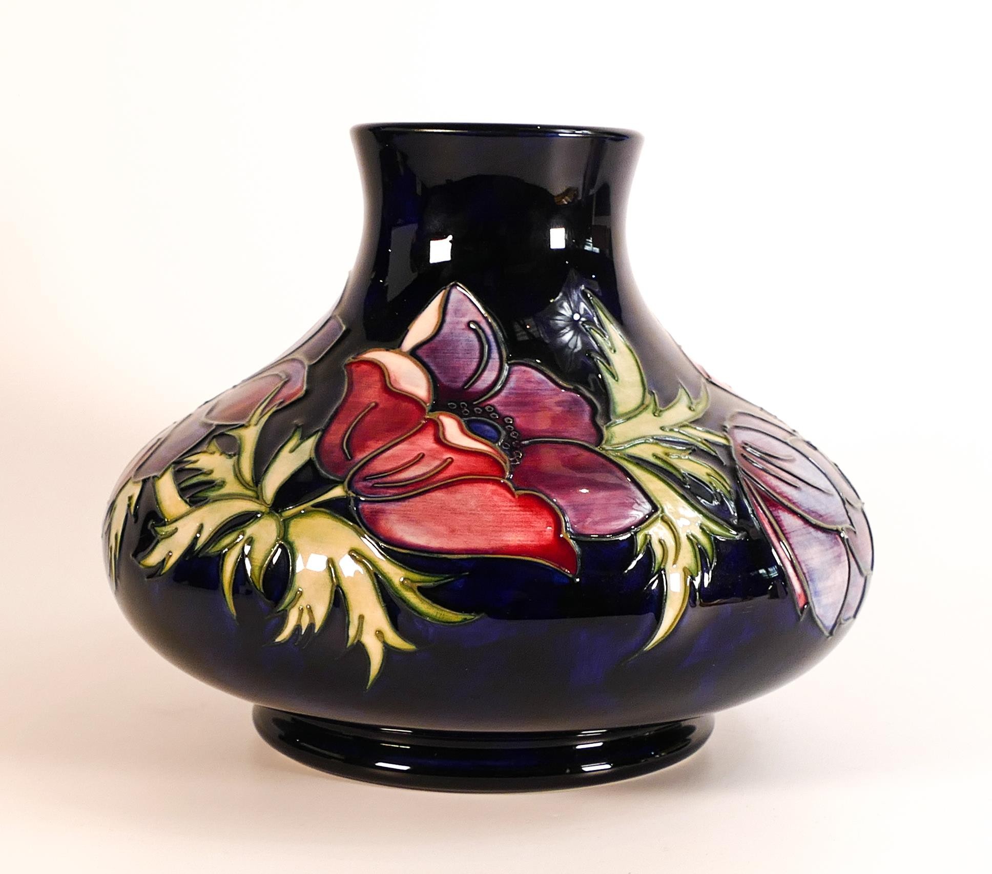 Moorcroft Anemone on blue ground large squat limited edition vase, boxed, height 20cm