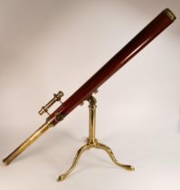 Late 19th century single draw wooden sleeved Telescope with brass tripod & fittings, closed length