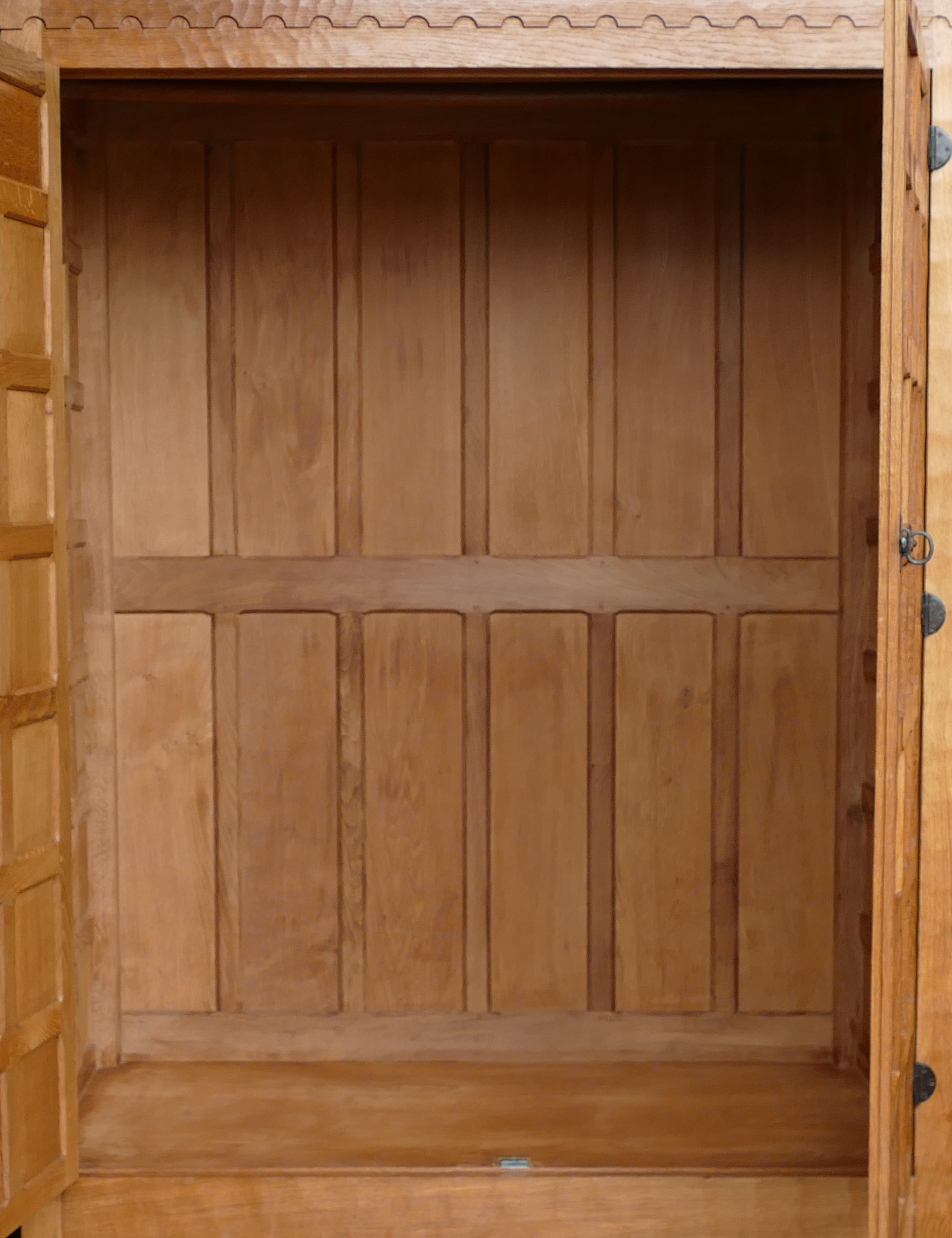Robert 'Mouseman' Thompson (Kilburn), English Oak two door wardrobe, double panelled doors with half - Image 4 of 6