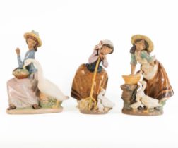 Three boxed Lladro Gres figures to include Harvest Helpers 2178, Laundry Day 2216, Goose Trying To