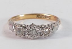 18ct yellow gold 3 stone diamond dress ring size O, with white gold setting. Weight 2.88g.