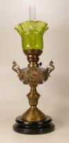 WMF type brass fluted column oil lamp with iridescent glass reservoir, chimney & shade, height