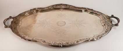 Very large & heavy Art Nouveau decorated solid silver butlers tray, weighing 155 tr oz appx, by