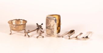 Quantity of hallmarked silver items including pair of knife rests, cigarette case, 2 x teaspoons &