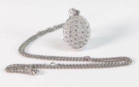 A platinum & diamond oval locket and chain, the locket pave set with round brilliant cut diamonds
