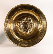 Heavy brass 19th century Alms plate, with raised inscription around centre, diameter 41cm