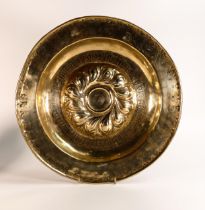 Heavy brass 19th century Alms plate, with raised inscription around centre, diameter 41cm