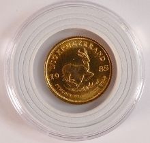22ct Gold 1/10th oz Krugerrand coin dated 1985, 3.5g.