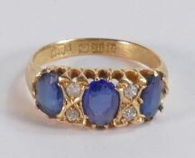 18ct gold three blue stone and diamond ring, size L, 3.7g.