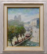 Oil on canvas French scene of the river Seine and Notre Dame Cathedral, signed James Hoper. This has